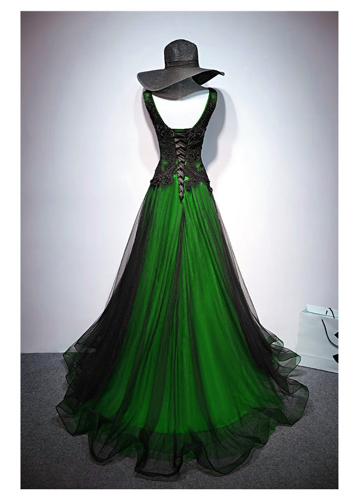 Vestido de fiesta largo con escote en V de tul negro y verde de Chaming 