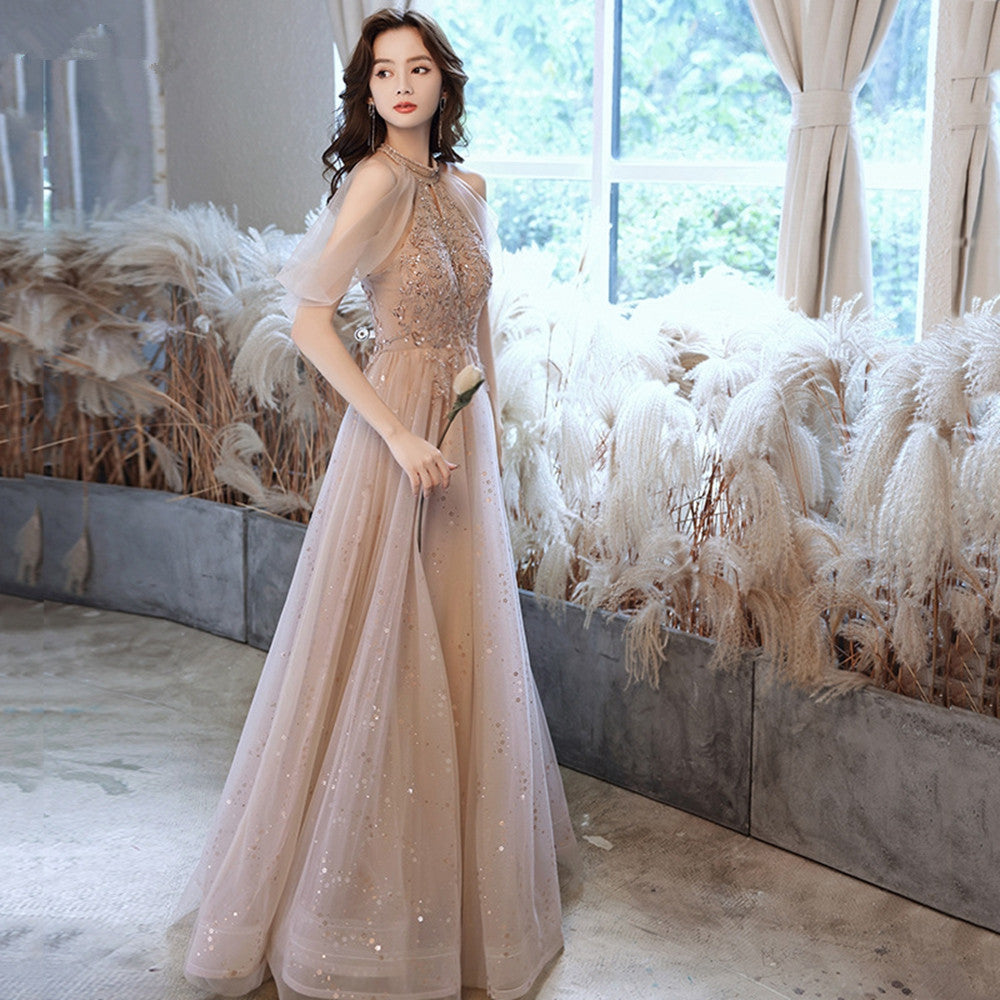 Champagne Tulle Haler Beaded Shiny Long Party Dress