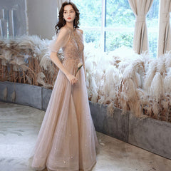 Champagne Tulle Haler Beaded Shiny Long Party Dress