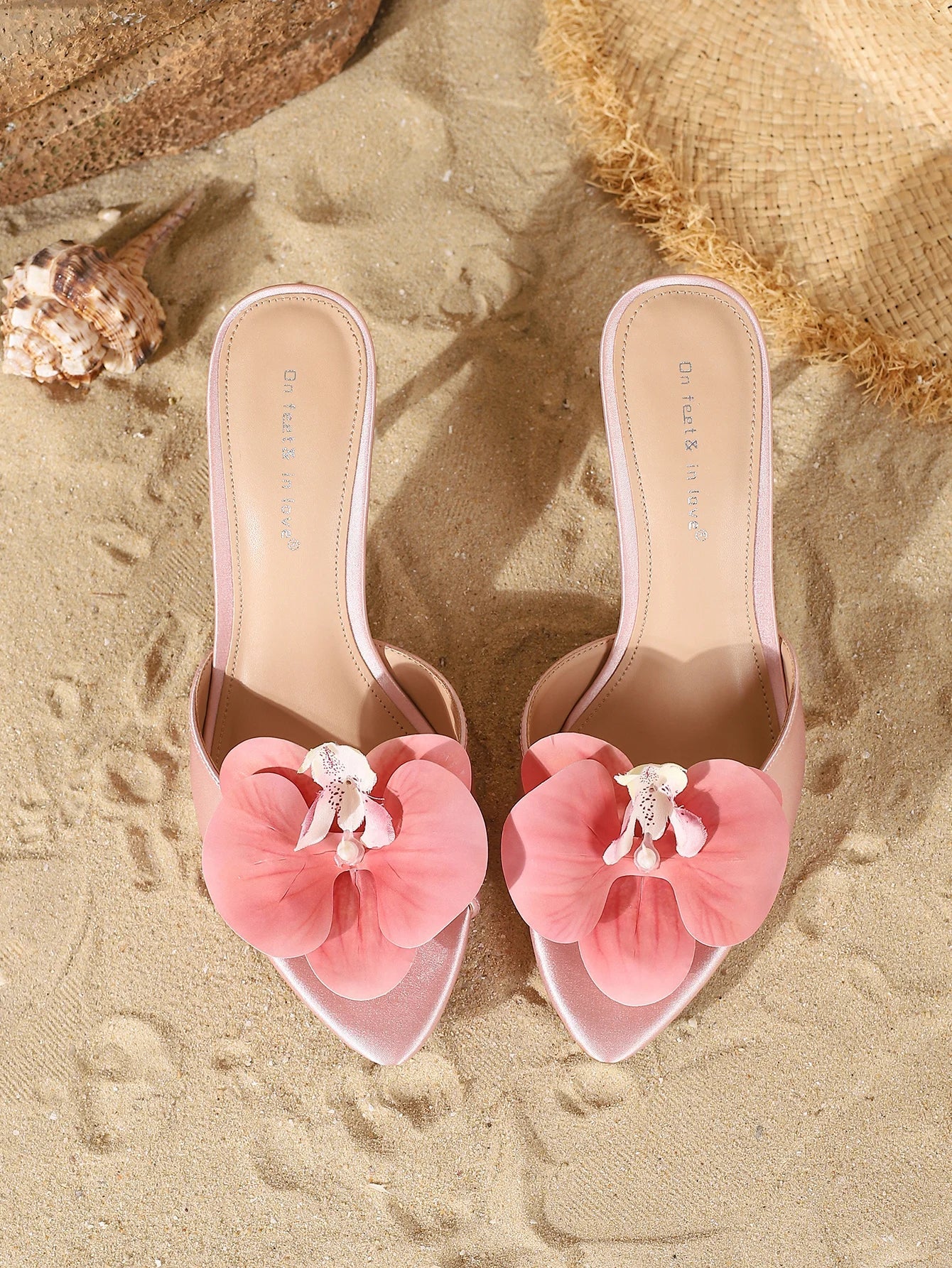 Champagne Satin Orchid Decor Thin Heel Mules Slip-On Sandals