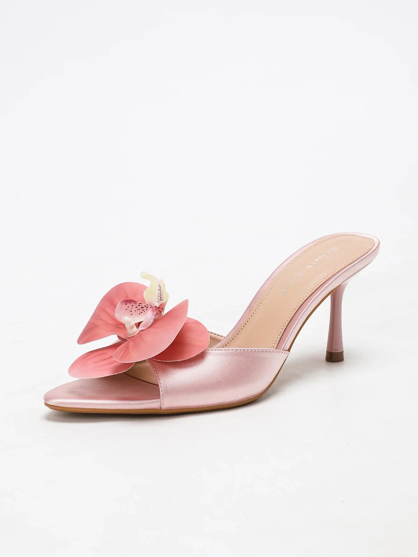 Champagne Satin Orchid Decor Thin Heel Mules Slip-On Sandals