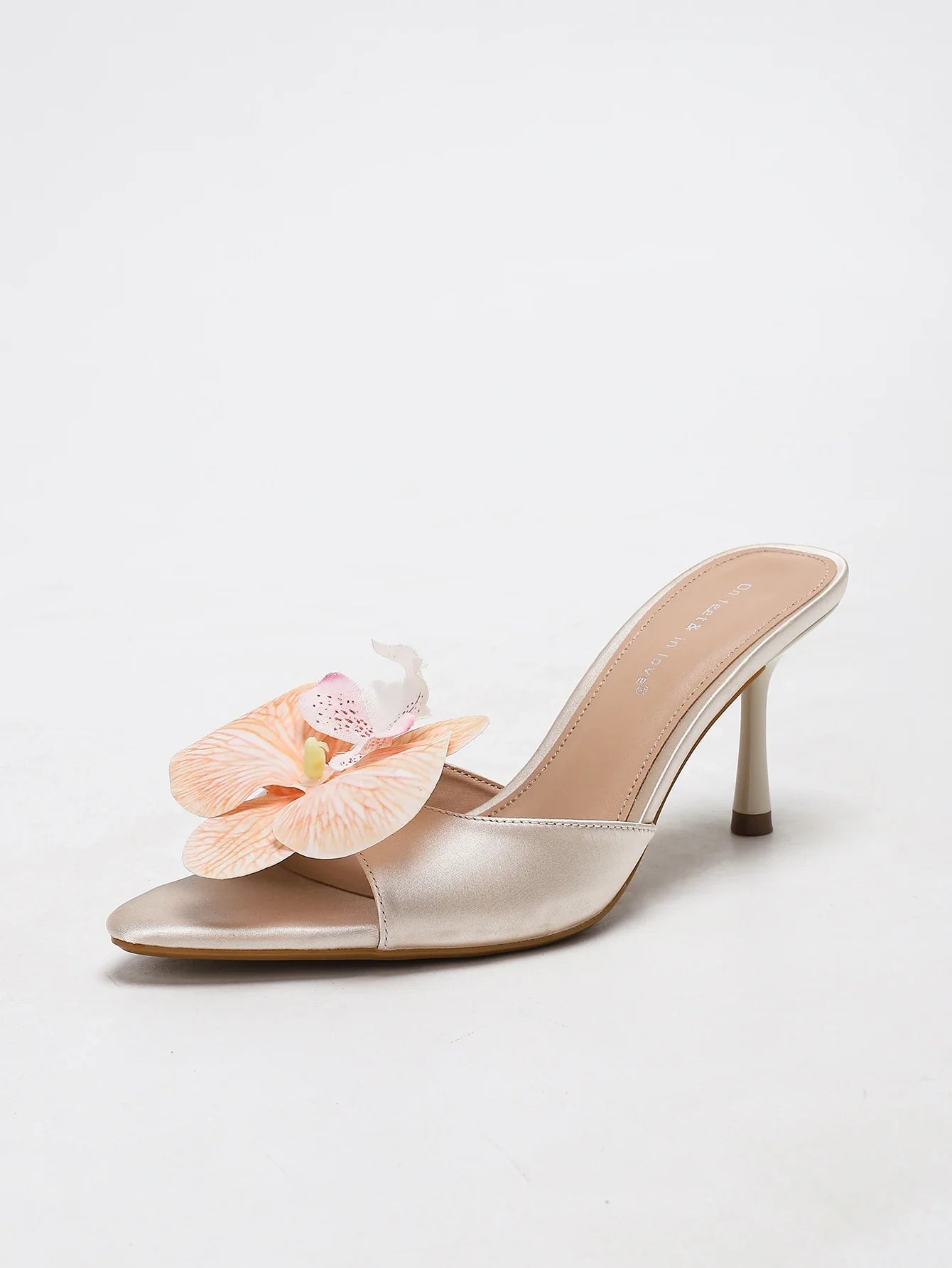 Champagne Satin Orchid Decor Thin Heel Mules Slip-On Sandals