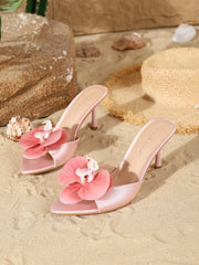 Champagne Satin Orchid Decor Thin Heel Mules Slip-On Sandals