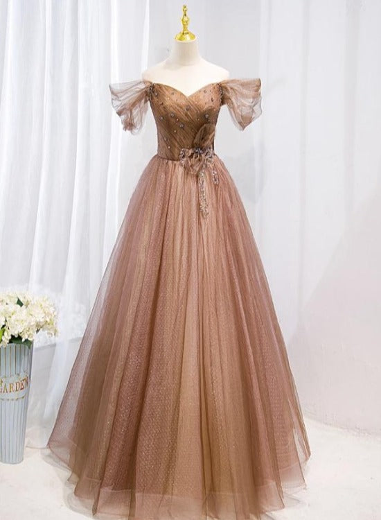 Champagne Off Shoulder Beaded A-line Tulle Long Party Dress