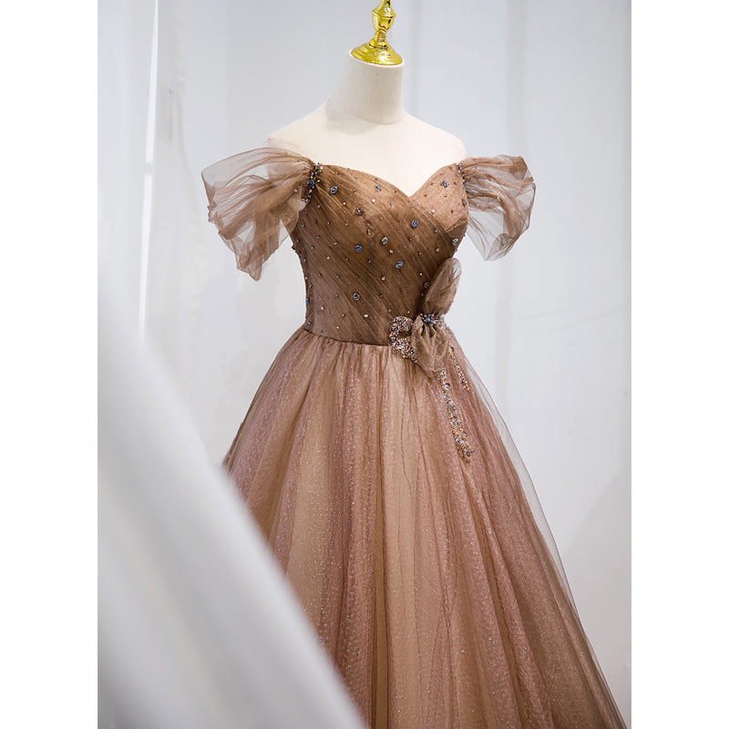 Champagne Off Shoulder Beaded A-line Tulle Long Party Dress