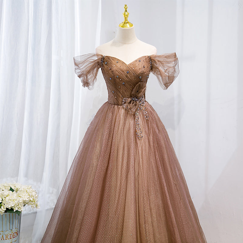 Champagne Off Shoulder Beaded A-line Tulle Long Party Dress