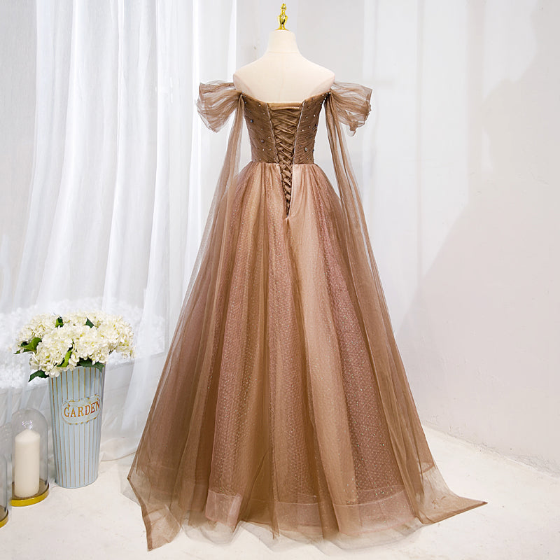 Champagne Off Shoulder Beaded A-line Tulle Long Party Dress