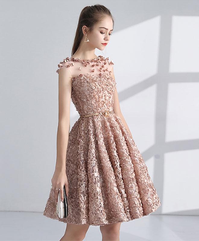 Vestidos de fiesta cortos de encaje con escote redondo color champán 