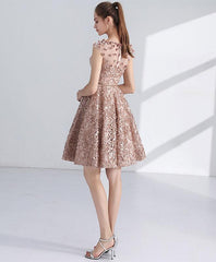 Vestidos de fiesta cortos de encaje con escote redondo color champán 