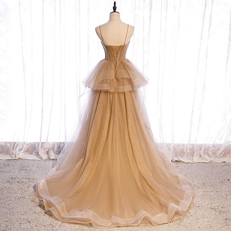 Champagne Tulle Sweetheart Straps Long Ball Gown Prom Dresses