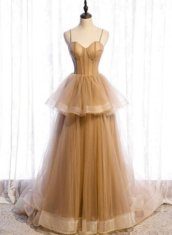 Champagne Tulle Sweetheart Straps Long Ball Gown Prom Dresses