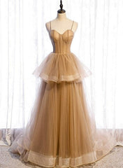 Champagne Tulle Sweetheart Straps Long Ball Gown Prom Dresses