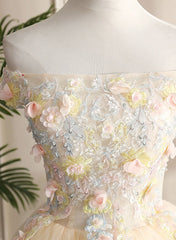 Pretty Tulle Champagne Off Shoulder  Prom Dress