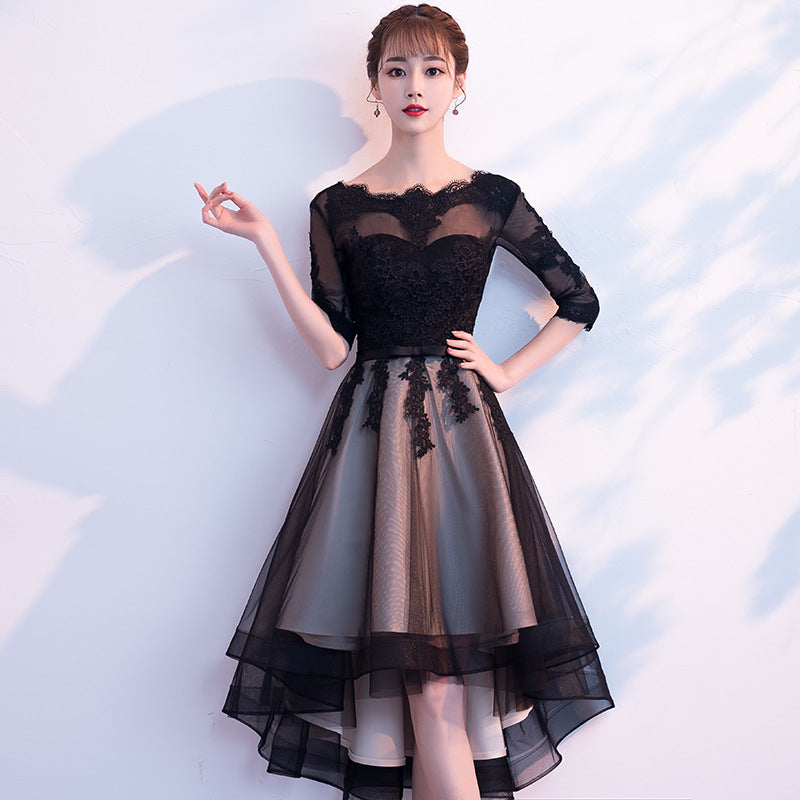 Champagne and black High Low Short Sleeves Party Dress