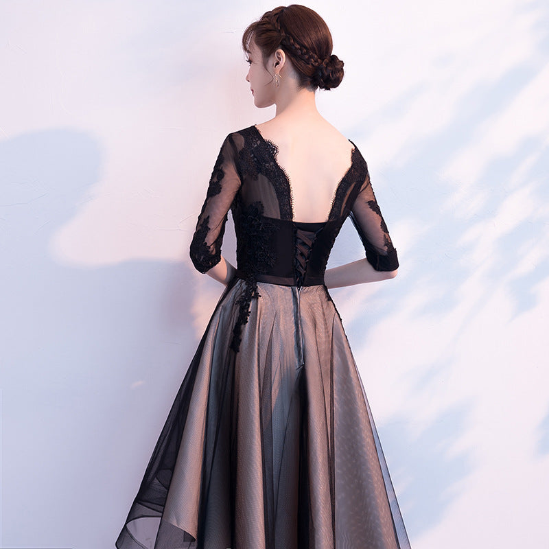 Champagne and black High Low Short Sleeves Party Dress