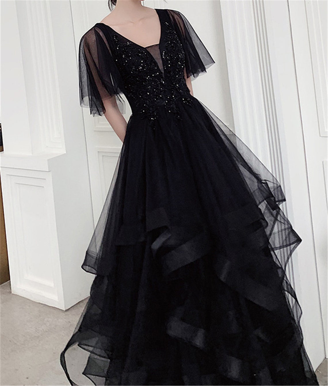 Charming Black Prom Dress V Neck Long Formal Dresses