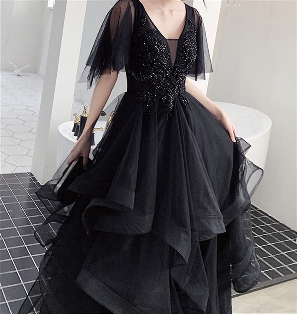Charming Black Prom Dress V Neck Long Formal Dresses