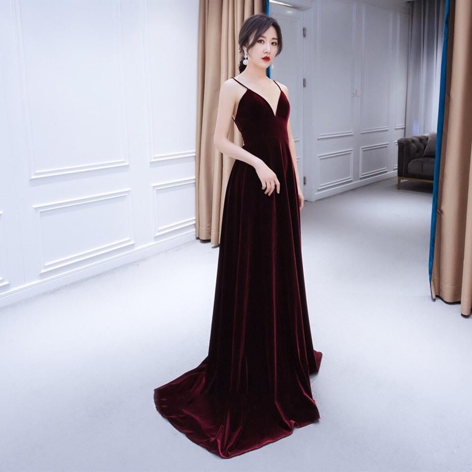 Charming Burgundy Velvet Deep V-neckline Floor Length Party Dress
