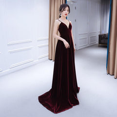 Charming Burgundy Velvet Deep V-neckline Floor Length Party Dress