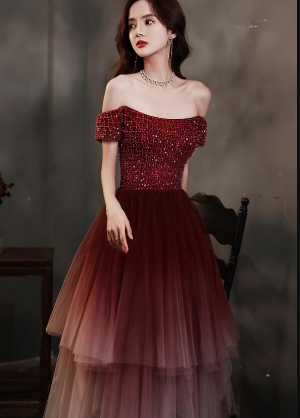 Charming Dark Red Gradient Tulle Beaded Formal Dress Party Dress