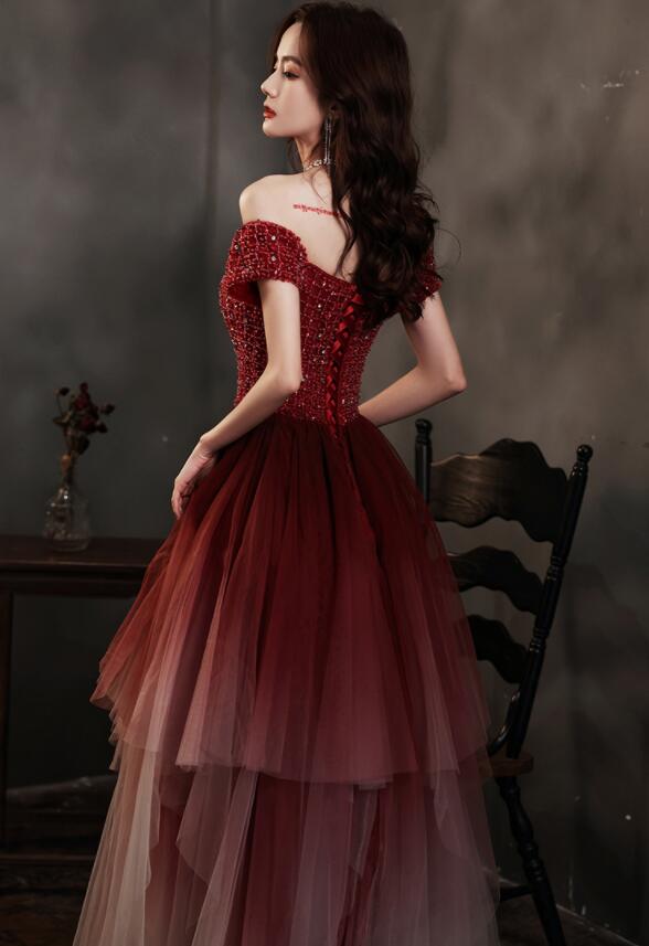 Charming Dark Red Gradient Tulle Beaded Formal Dress Party Dress