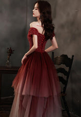Charming Dark Red Gradient Tulle Beaded Formal Dress Party Dress
