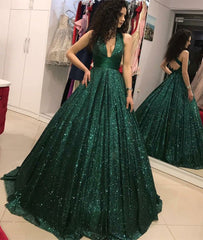 Charming Green Sequins Cross Back Ball Gown Evening Dress Party Dress