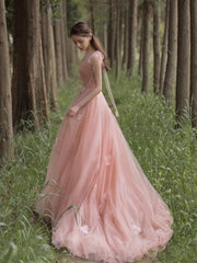 Vestido de noche largo con corte A y flores de tul rosa encantador 