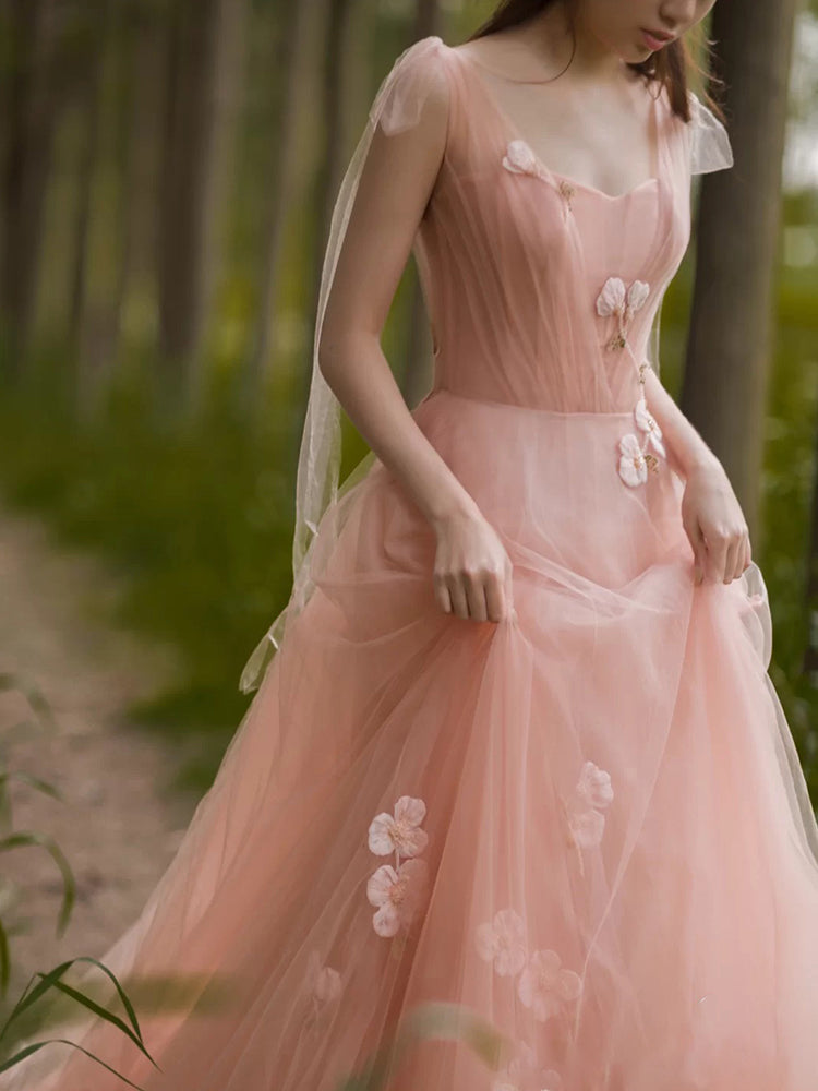 Vestido de noche largo con corte A y flores de tul rosa encantador 