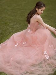 Vestido de noche largo con corte A y flores de tul rosa encantador 