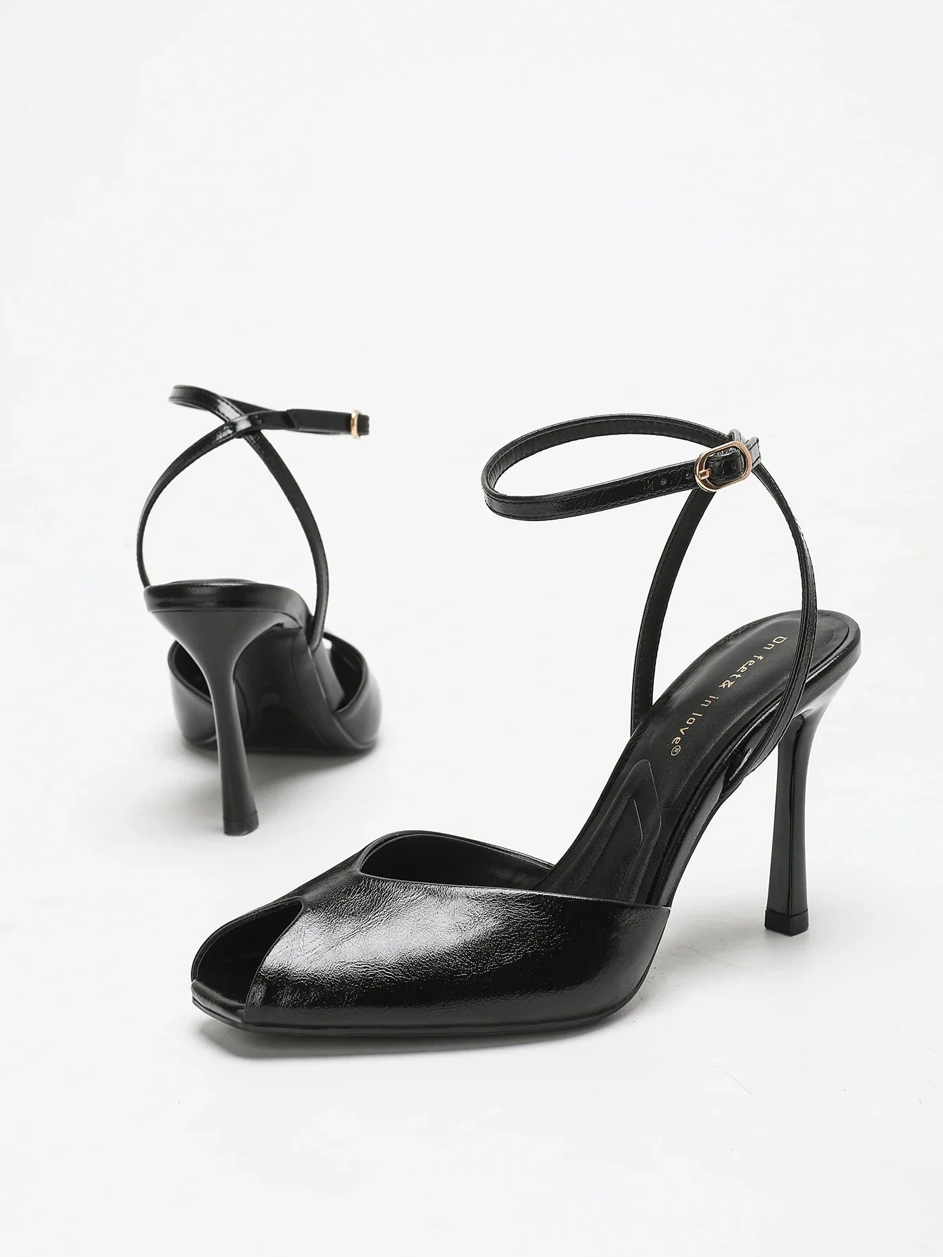 Chic Square-Toe Leather Peep-Toe Slingback Stiletto Heels