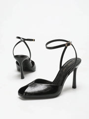 Chic Square-Toe Leather Peep-Toe Slingback Stiletto Heels