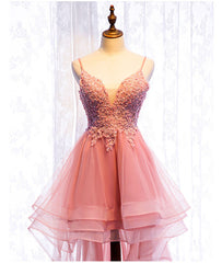 Chic V-neckline Lace Applique Tulle High Low Straps Homecoming Dress