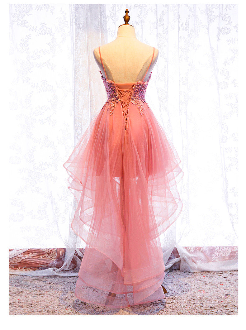 Chic V-neckline Lace Applique Tulle High Low Straps Homecoming Dress