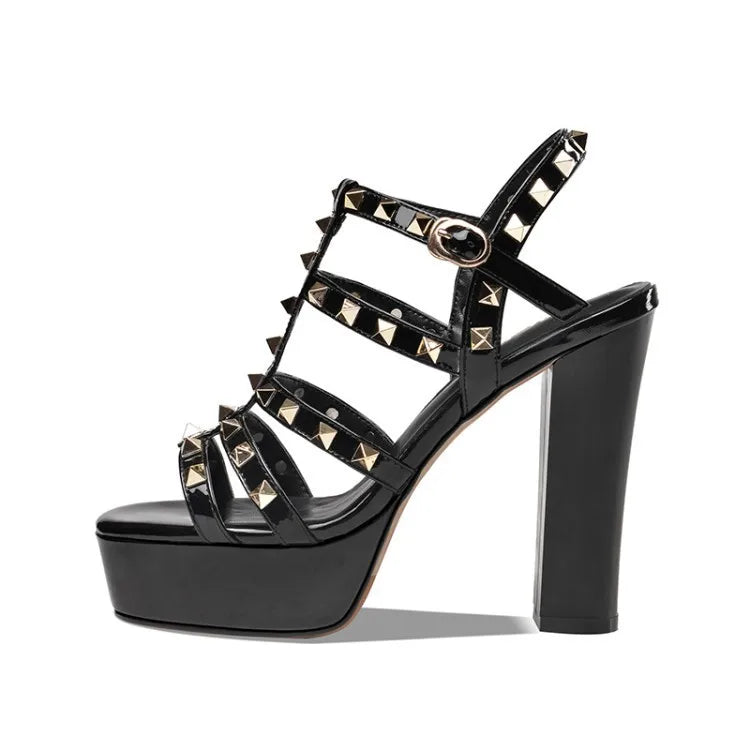 Chunky heel rivets sandals round head super high heel buckle T- strap open-toed  Platform genuine leather sandals catwalk shoes