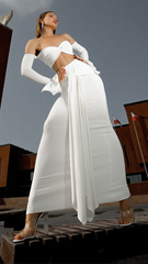 Elegant White Off-Shoulder Bustier Crop Top & Knot Front Maxi Skirt Two-Piece Set