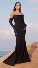 Chic Black Draped Maxi Dress with Strapless Neckline & Long Off-Shoulder Sleeves
