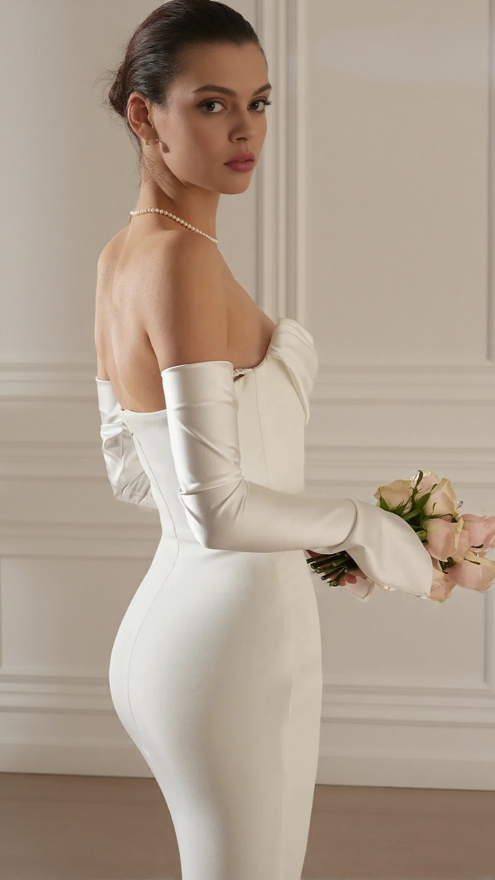 Elegant White Strapless Maxi Dress with Draped Long Sleeves