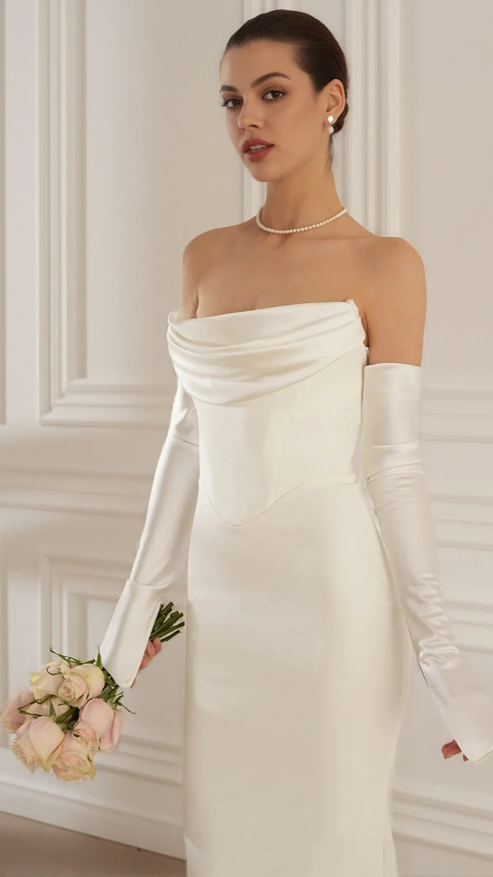Elegant White Strapless Maxi Dress with Draped Long Sleeves