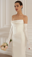 Elegant White Strapless Maxi Dress with Draped Long Sleeves