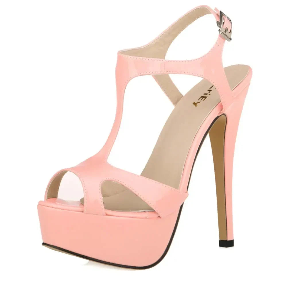 Cross-dresser Unisex Men's Pumps Stilettos 14cm Sexy T-Strap Peep Toe Platform Nightclub Style Shoes Patent Leather High Heels