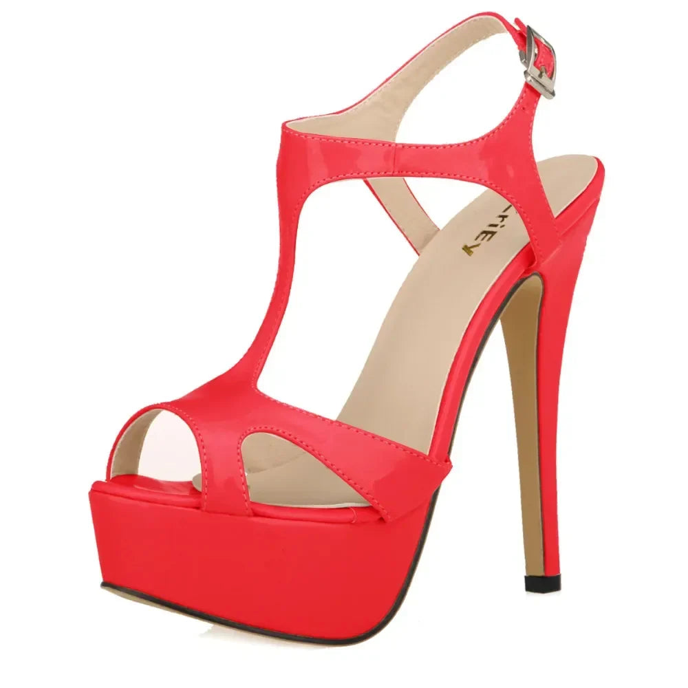 Cross-dresser Unisex Men's Pumps Stilettos 14cm Sexy T-Strap Peep Toe Platform Nightclub Style Shoes Patent Leather High Heels