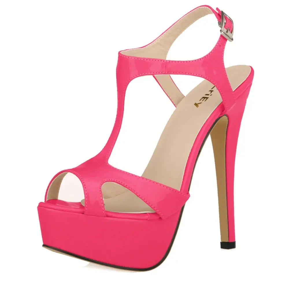 Cross-dresser Unisex Men's Pumps Stilettos 14cm Sexy T-Strap Peep Toe Platform Nightclub Style Shoes Patent Leather High Heels