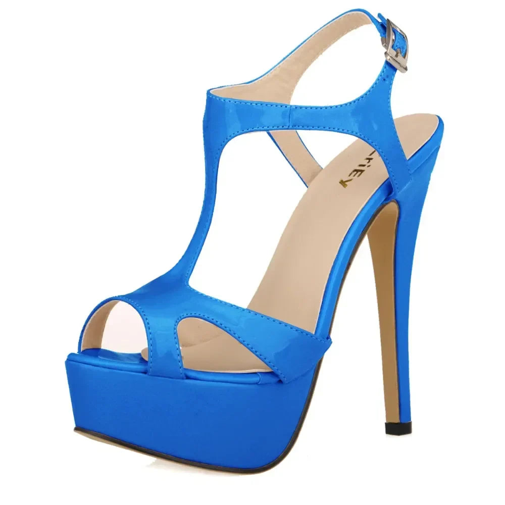 Cross-dresser Unisex Men's Pumps Stilettos 14cm Sexy T-Strap Peep Toe Platform Nightclub Style Shoes Patent Leather High Heels