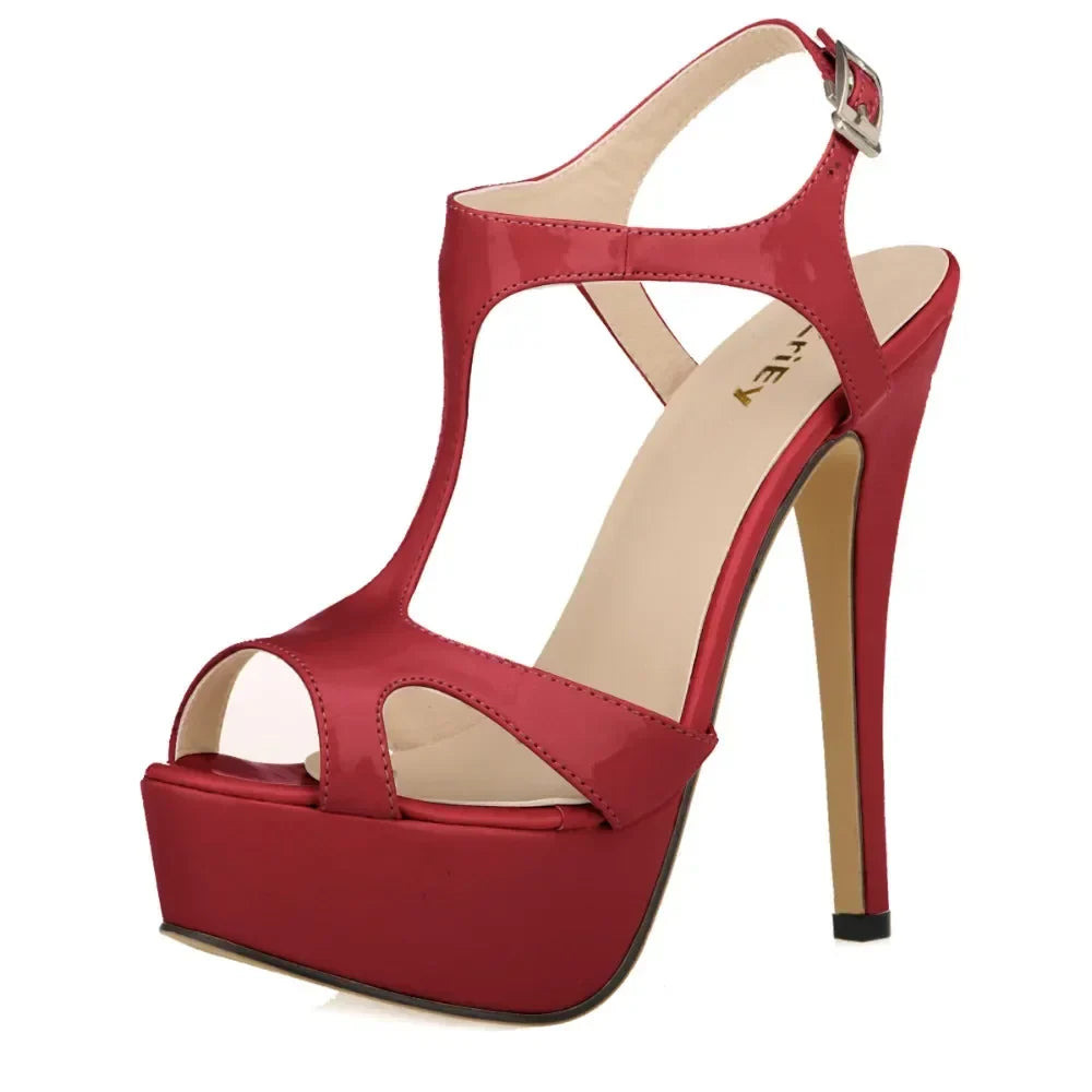 Cross-dresser Unisex Men's Pumps Stilettos 14cm Sexy T-Strap Peep Toe Platform Nightclub Style Shoes Patent Leather High Heels
