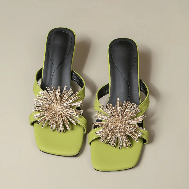 Crystal fireworks high-heeled shoes with fine heels green pointed-toe matching skirt high-heeled sandals Large size