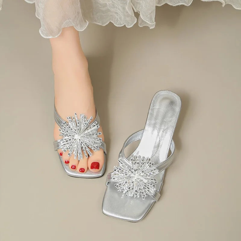 Crystal fireworks high-heeled shoes with fine heels green pointed-toe matching skirt high-heeled sandals Large size