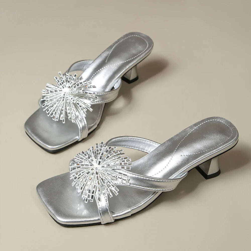 Crystal fireworks high-heeled shoes with fine heels green pointed-toe matching skirt high-heeled sandals Large size
