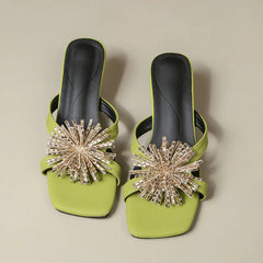 Crystal fireworks high-heeled shoes with fine heels green pointed-toe matching skirt high-heeled sandals Large size