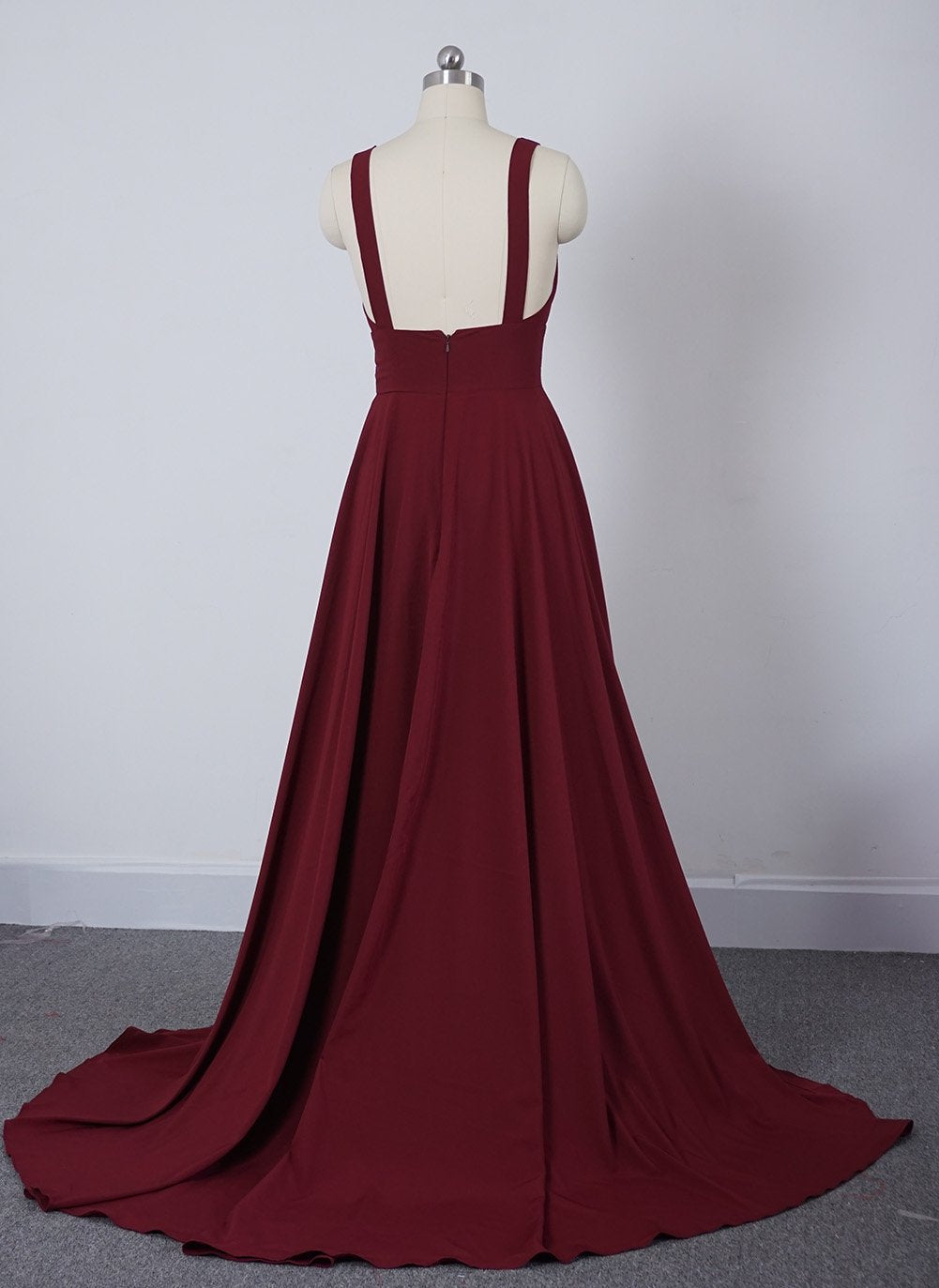 Wine Red Chiffon High Slit Long Party Dress